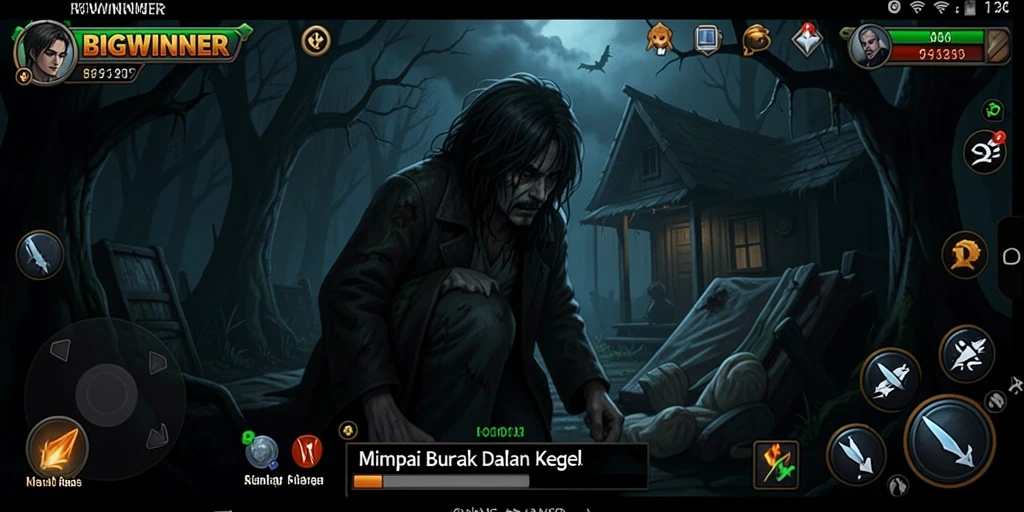 Screenshot gameplay BIGWINNER yang menegangkan dan penuh kegelapan.