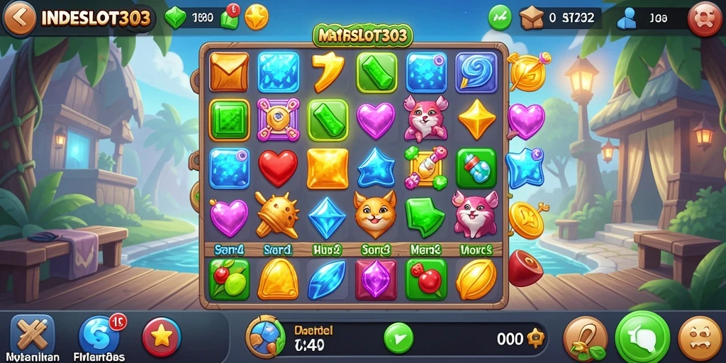 Tampilan gameplay seru dari INDESLOT303 saat mencocokkan elemen Match-3.