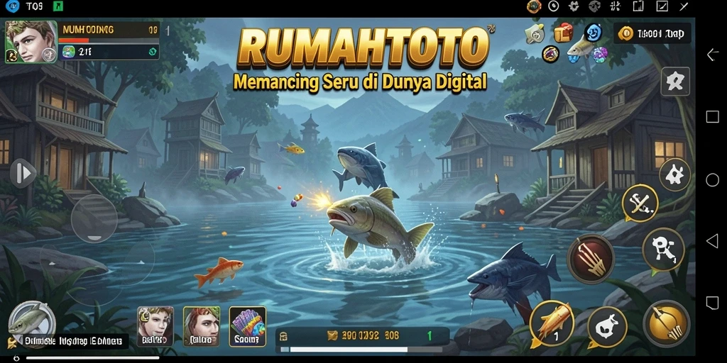 Screenshot utama menampilkan gameplay RUMAHTOTO dengan aksi memancing yang menarik.